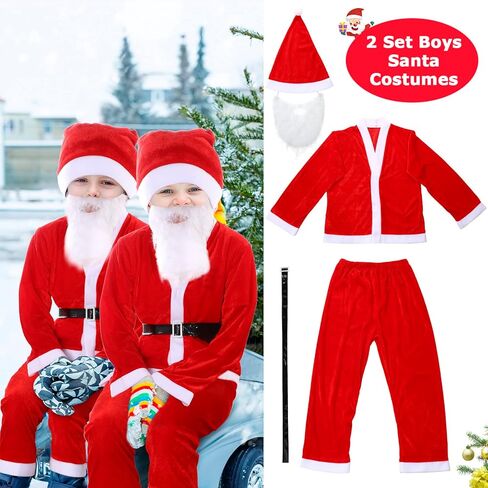 JaGely 2 Set Boys Santa Costume Including 2 Top Santa Suit Costumes, 2 Santa Claus Pant, 2 Black Belt, 2 Santa Beard, 2 Child Santa Hat Christmas Costume Kids Xmas Suit for Boys 9-13 Years in Saudi Arabia