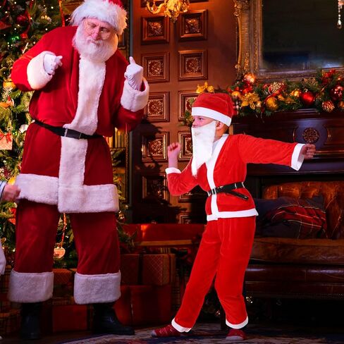 JaGely 2 Set Boys Santa Costume Including 2 Top Santa Suit Costumes, 2 Santa Claus Pant, 2 Black Belt, 2 Santa Beard, 2 Child Santa Hat Christmas Costume Kids Xmas Suit for Boys 9-13 Years in Saudi Arabia