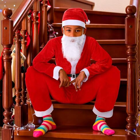 JaGely 2 Set Boys Santa Costume Including 2 Top Santa Suit Costumes, 2 Santa Claus Pant, 2 Black Belt, 2 Santa Beard, 2 Child Santa Hat Christmas Costume Kids Xmas Suit for Boys 9-13 Years in Saudi Arabia