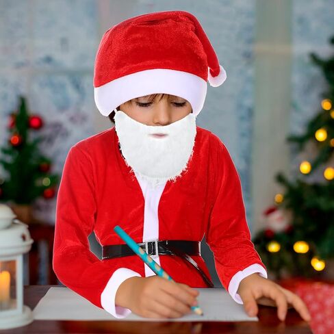 JaGely 2 Set Boys Santa Costume Including 2 Top Santa Suit Costumes, 2 Santa Claus Pant, 2 Black Belt, 2 Santa Beard, 2 Child Santa Hat Christmas Costume Kids Xmas Suit for Boys 9-13 Years in Saudi Arabia