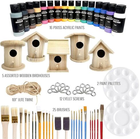 Wooden Birdhouse Kits for Kids - Pixiss 5 Pack DIY Wooden Bird Houses to Paint - Bulk Craft Kits for Kids, DIY Bird House Kit, Paint Your Own Birdhouse - Unfinished Heavy Duty Wood Birdhouses in Kuwait