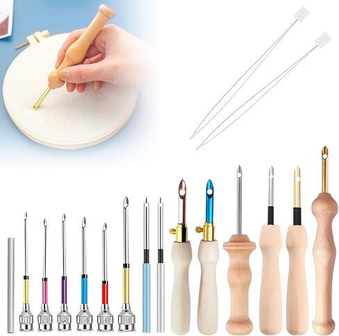 Punch Needle Tool, Wooden Handle Embroidery Punch Needle Set Rug Punch Needle, Punch Needle Threader for Embroidery Floss Cross, Punch Needle Yarn for Beginner DIY Craft Stitching Perfect Decoration in Kuwait