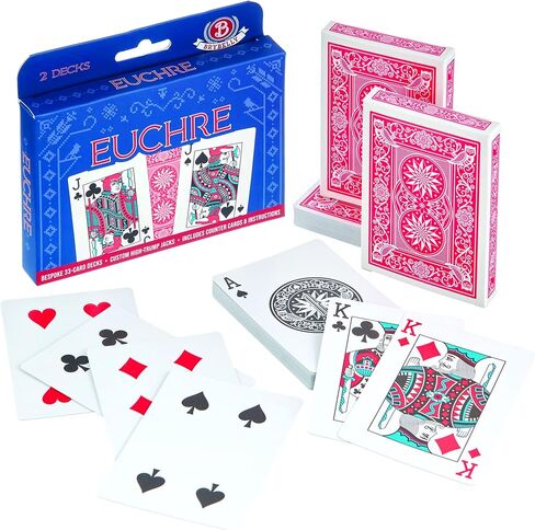Brybelly Euchre Card Game - 2 Specialty Decks Pre-Stripped to 33 Cards for Classic American Euchre or 32 Card 6-Player Variant - Custom Bower Jacks Card Art and Blank Counter Cards Included in Saudi Arabia