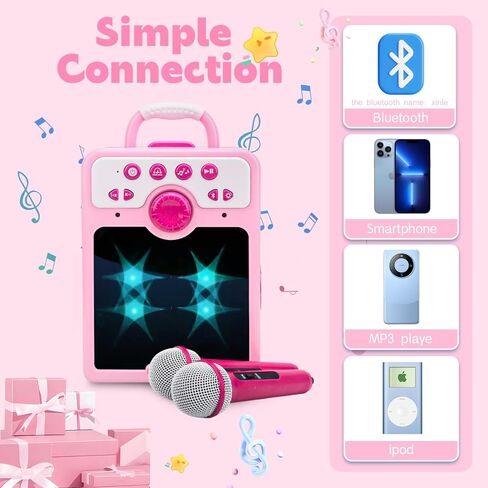 آلة كاريوكي للفتيات مع 2 ميكروفونات، هدايا ألعاب كاريوكي للفتيات من سن 4 إلى 12 سنة، حفلة عيد ميلاد مع اتصال بلوتوث/AUX/USB (وردي) in Kuwait