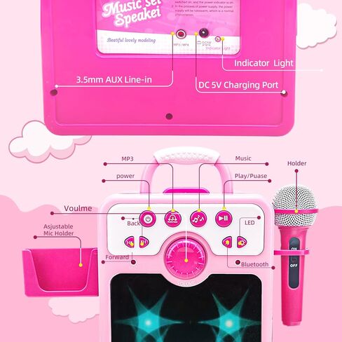 آلة كاريوكي للفتيات مع 2 ميكروفونات، هدايا ألعاب كاريوكي للفتيات من سن 4 إلى 12 سنة، حفلة عيد ميلاد مع اتصال بلوتوث/AUX/USB (وردي) in Kuwait