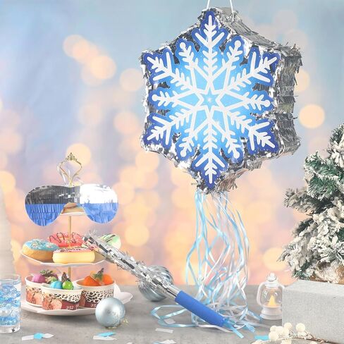 Winter Pinata Frozen Snowflake Pinata Christmas Pinata with Blindfold Bat Confetti 13 x 14.5 Inch Snowflake Pull String Pinata for Christmas Winter Theme Birthday Party Game Decorations Supply in Saudi Arabia