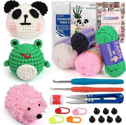 XSEINO Crochet Kit with Step-by-Step Video Tutorials，Premium Bundle Includes 12 Roll x50Yard Acrylic Yarn Balls, 12 Crochet Hooks, Crochet Bag and All Accessories Kit, Crochet Kit for Beginners in Kuwait