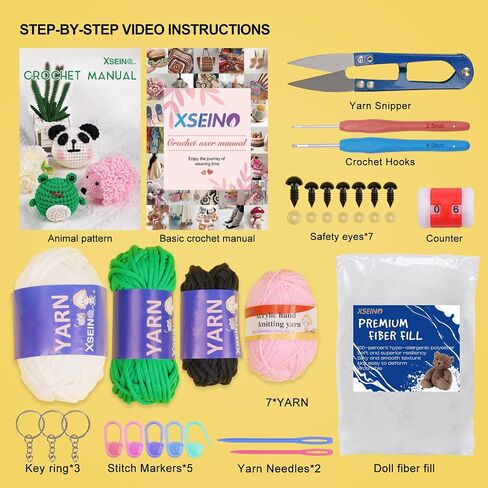 XSEINO Crochet Kit with Step-by-Step Video Tutorials，Premium Bundle Includes 12 Roll x50Yard Acrylic Yarn Balls, 12 Crochet Hooks, Crochet Bag and All Accessories Kit, Crochet Kit for Beginners in Kuwait
