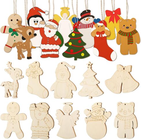 WILLBOND 60 Pieces DIY Unfinished Wooden Christmas Ornaments Wood Paintable, to Paint Holiday Hanging Ceramic Decorations with Rope for Embellishments Crafts Centerpieces in Saudi Arabia