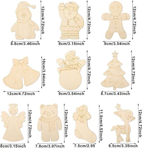 WILLBOND 60 Pieces DIY Unfinished Wooden Christmas Ornaments Wood Paintable, to Paint Holiday Hanging Ceramic Decorations with Rope for Embellishments Crafts Centerpieces in Saudi Arabia