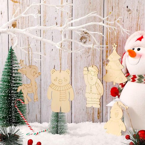 WILLBOND 60 Pieces DIY Unfinished Wooden Christmas Ornaments Wood Paintable, to Paint Holiday Hanging Ceramic Decorations with Rope for Embellishments Crafts Centerpieces in Saudi Arabia