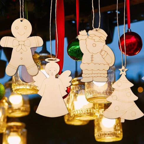 WILLBOND 60 Pieces DIY Unfinished Wooden Christmas Ornaments Wood Paintable, to Paint Holiday Hanging Ceramic Decorations with Rope for Embellishments Crafts Centerpieces in Saudi Arabia