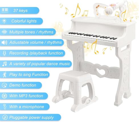 ألعاب لوحة مفاتيح البيانو ColorSavvy 37 مفتاحًا للفتيات، آلة موسيقية إلكترونية مع ميكروفون، أصوات وأضواء متعددة، مقعد، ألعاب تعلم البيانو التعليمية للأطفال بعمر 3 سنوات فما فوق (وردي) (وردي) in Kuwait