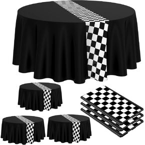 Oudain Cars Birthday Party Supplies Racing Party Decorations Round Racing Tablecloth Checkered Flag Table Covers Road Plastic Table Cloth, 1950s Disco Dancing Party Tablecloth (Black,3 Pcs)