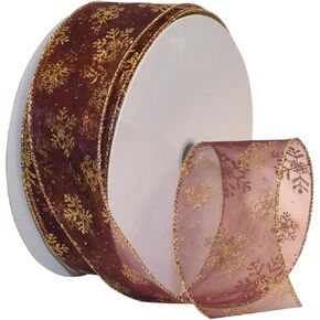 موريكس ريبون 7405.60/50-619 ندفة ثلج 6.35 سم × 50 YD شريط لامع شفاف من النايلون ، عنابي / ذهبي ، مستلزمات فنية بشريط لتزيين عيد الميلاد ، شريط عيد الميلاد داخلي لمجموعة فنية لتغليف الهدايا