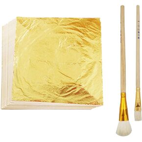 جوير اوراق ذهبية من 100 قطعة - رقائق ذهبية لاوراق الاظافر 5.5 × 5.5 انش، ورق ذهبي للفنون والرسم والتذهيب والحرف اليدوية والديكور + قطعتين من فرشاة التذهيب in Kuwait