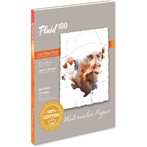 Fluid 100 Watercolor Paper Block, 4 x 6 inches, 15 Sheets, 140 lb (300 GSM) 100% Cotton Cold Press Pad for Artist Painting and Wet Media