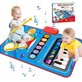 UNIWA Baby Toys for Toddlers, 2 in-1 Musical Mat for Boys & Girls, Piano Keyboard & Drum Mat with 2 Sticks, Early Educational Musical Toys First Birthday Gifts for Kids -Blue in Kuwait