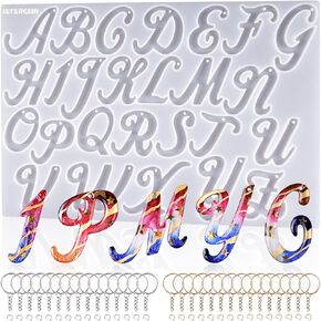 LET'S RESIN Large Alphabet Mold with Hole, Reversed Alphabet Letter Resin Molds Silicone with 30 Jump Rings, 30 Key Rings, Epoxy Molds for Keychain Making(15.3"X8.9")