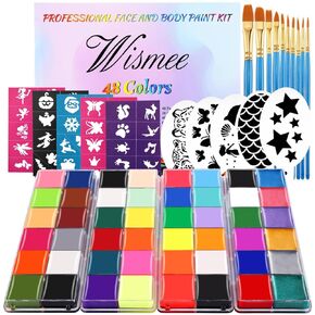 Wismee Face Painting Kit for Kids Party - 48 Colors Oil Face Paints with 10 Size Brushes 6PCS Reusable Painting Stencils 5PCS Small Paint Stencils Non-Toxic Kids' and Adults' Halloween Makeup in Kuwait