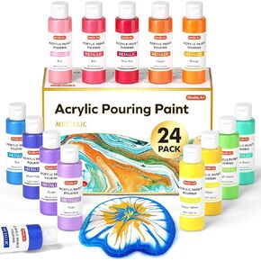 24 Pack Metallic Acrylic Pouring Paint, Shuttle Art 23 Metallic Colors Ready-to-pour Acrylic Paint with 1 Silicon Oil, 60ml/2oz Each, Rich Pigment, High Flow Pour Paint for Canvas, Rock, Ceramic, Wood