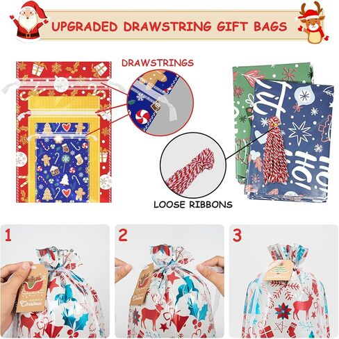 أكياس هدايا Lousrnman لعيد الميلاد برباط بأحجام متنوعة، 50 × أكياس هدايا كبيرة لعيد الميلاد، 60 × بطاقات ورقية كرافت و2 × ربطات عنق شريطية 390 بوصة، 5 × أحجام مختلفة لـ 10 × تصميمات لحقائب الهدايا للهدايا in Kuwait
