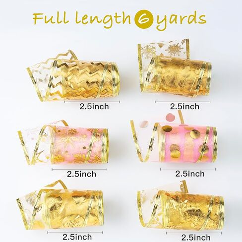 الشريط الذهبي لشجرة عيد الميلاد 2.5 بوصة 6 لفات 36 ياردة شريط ذهبي لعيد الميلاد شريط ذهبي، أشرطة سلكية لحفلات العطلات أنماط متنوعة من الزينة، شريط شبكي من أسلاك الذهب جارلاند لأكاليل الزهور in Kuwait