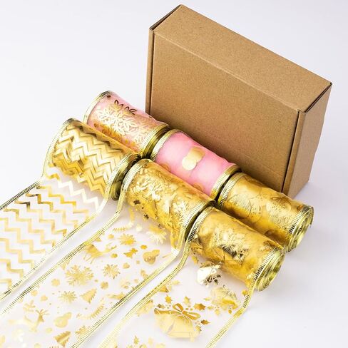 الشريط الذهبي لشجرة عيد الميلاد 2.5 بوصة 6 لفات 36 ياردة شريط ذهبي لعيد الميلاد شريط ذهبي، أشرطة سلكية لحفلات العطلات أنماط متنوعة من الزينة، شريط شبكي من أسلاك الذهب جارلاند لأكاليل الزهور in Kuwait