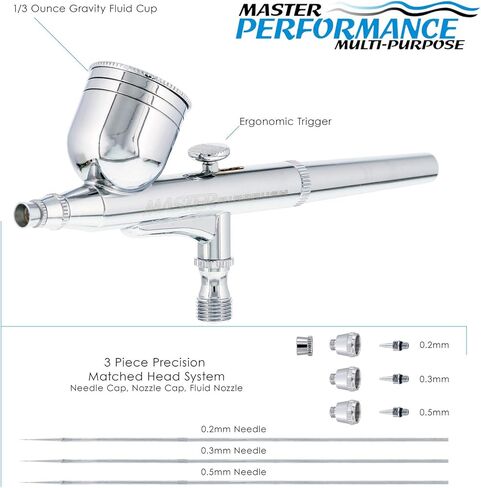Master Performance G222 Pro Set Master Airbrush with 3 Nozzle Sets (0.2, 0.3 & 0.5mm Needles, Fluid Tips and Air Caps) - Dual-Action Gravity Feed Airbrush with 1/3 oz. Cup - Spray Auto Art Hobby Cake in Saudi Arabia