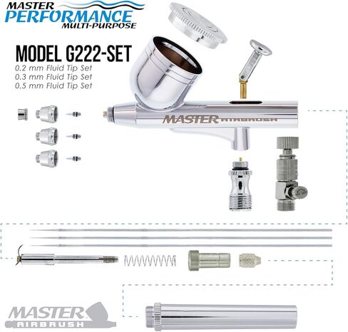 Master Performance G222 Pro Set Master Airbrush with 3 Nozzle Sets (0.2, 0.3 & 0.5mm Needles, Fluid Tips and Air Caps) - Dual-Action Gravity Feed Airbrush with 1/3 oz. Cup - Spray Auto Art Hobby Cake in Saudi Arabia