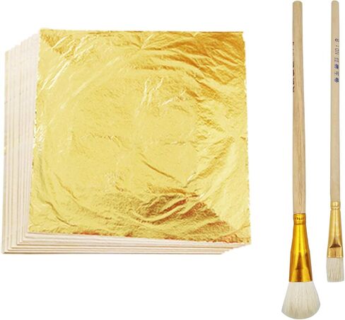 جوير اوراق ذهبية من 100 قطعة - رقائق ذهبية لاوراق الاظافر 5.5 × 5.5 انش، ورق ذهبي للفنون والرسم والتذهيب والحرف اليدوية والديكور + قطعتين من فرشاة التذهيب in Kuwait