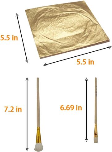 جوير اوراق ذهبية من 100 قطعة - رقائق ذهبية لاوراق الاظافر 5.5 × 5.5 انش، ورق ذهبي للفنون والرسم والتذهيب والحرف اليدوية والديكور + قطعتين من فرشاة التذهيب in Kuwait