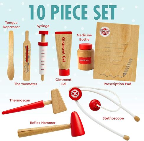 مجموعة طبيب خشبية للأطفال، مجموعة طبيب التظاهري للأطفال، مجموعة طبية للأطفال الصغار، أدوات للعب التظاهري (مجموعة من 10 قطع) من دراجون درو in Kuwait