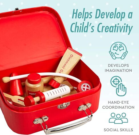 مجموعة طبيب خشبية للأطفال، مجموعة طبيب التظاهري للأطفال، مجموعة طبية للأطفال الصغار، أدوات للعب التظاهري (مجموعة من 10 قطع) من دراجون درو in Kuwait