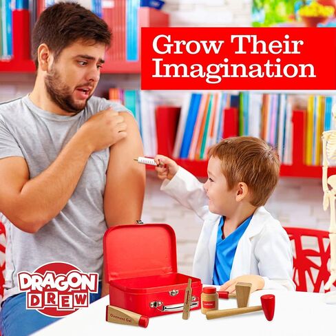 مجموعة طبيب خشبية للأطفال، مجموعة طبيب التظاهري للأطفال، مجموعة طبية للأطفال الصغار، أدوات للعب التظاهري (مجموعة من 10 قطع) من دراجون درو in Kuwait