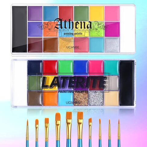 UCANBE Face Body Paint Oil Palette Set - 2 x 20 Colors with 10 Blue Paint Brushes Makeup Kit for Halloween Cosplay Special Effects SFX Party Stage (Set 01) in Kuwait