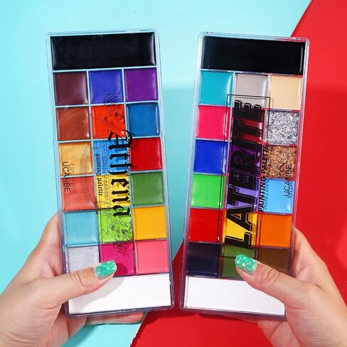 UCANBE Face Body Paint Oil Palette Set - 2 x 20 Colors with 10 Blue Paint Brushes Makeup Kit for Halloween Cosplay Special Effects SFX Party Stage (Set 01) in Kuwait
