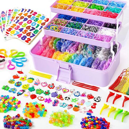 INSCRAFT 17500+ Rubber Loom Bands with 3 Layer Deep Blue Container, 28 Colors, 600 S-Clips, 352 Beads, 40 Cartoon Pendant, Bracelet Making Refill Kit for Kids in Kuwait