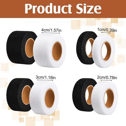 Tranqun 8 لفات حديد على شريط حاشية 0.4، 0.8، 1.2، 1.6 بوصة شريط حاشية غير مخيط، شريط حاشية قابل للانصهار للسراويل الجينز والستائر والملابس القماشية، أسود وأبيض in Kuwait