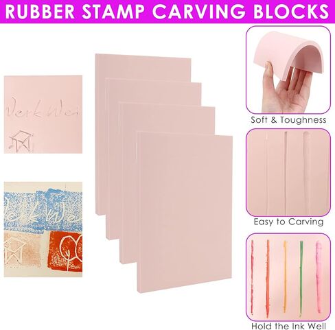 WerkWeit [12PCS]Rubber Carving Blocks Linoleum Block with Cutter Tools Stamp Making Kit Linoleum Cutter with 6 Types Blades and 12-Pack Carving Rubber Stamps for Stamp Carving, Printmaking in Kuwait