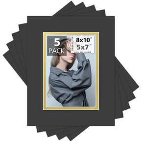 Mat Board Center, Double Mat - Acid Free, 8-ply Thickness, White Core - for Pictures, Photos, Framing (Black over Gold, 8x10 for 5x7, Pack of 5)