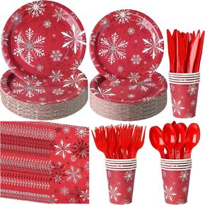 مجموعة أطباق ومناديل ورقية من ندفة الثلج لعيد الميلاد تخدم 50 قطعة، للاستعمال مرة واحدة، أطباق ندفة الثلج لعطلة الشتاء الحمراء وأكواب أدوات المائدة ومستلزمات الحفلات لعيد الميلاد وعطلة الشتاء ورأس السنة الجديدة وزينة حفلات أعياد الميلاد in Kuwait