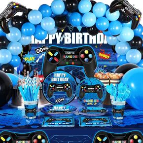 Tatuo 152 Pieces Video Game Birthday Party Supplies Gamer Party Table Cover Happy Birthday Backdrop Banner Tableware Balloons Sets for Boys Men Theme Party Decoration