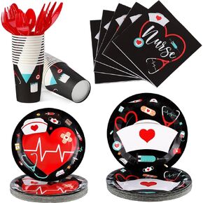 Yisong 168 Pcs Nurse Graduation Party Decorations, Doctor Medical Birthday Tableware Set 24 Guests Dinner Dessert Plates Cups Napkins for Doctors Day Nursing School Office Party Supplies(Black)