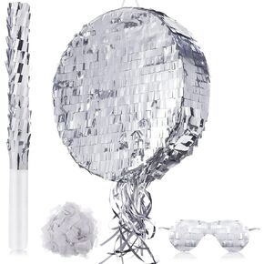 Ferraycle Disco Ball Small Pinata with Pinata Stick Blindfold and Confetti, Silver Foil Pinatas for Birthday Party, Small Pinata for Kids Adults Retro Birthday Game Party Decorations Supplies Favors