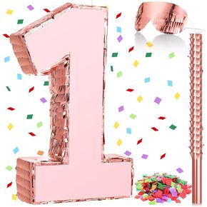 Number Piñata Rose Gold Piñata with Stick Blindfold Confetti, Princess Piñata for Girls Birthday Party Anniversary Celebration Decorations Supplies, 16 X 11 X 3 Inches(Number 1)