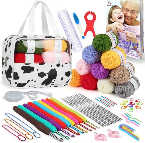 Aeelike 321Pcs Crochet Kit for Beginners, Learn to Crochet Set Include Crochet Hooks,Yarn, Safety Eyes and Noses Polyester Fiber,Crochet Tools and Instruction with Cow PU Leather Storage Bag in Kuwait