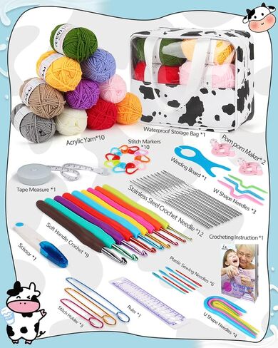 Aeelike 321Pcs Crochet Kit for Beginners, Learn to Crochet Set Include Crochet Hooks,Yarn, Safety Eyes and Noses Polyester Fiber,Crochet Tools and Instruction with Cow PU Leather Storage Bag in Kuwait