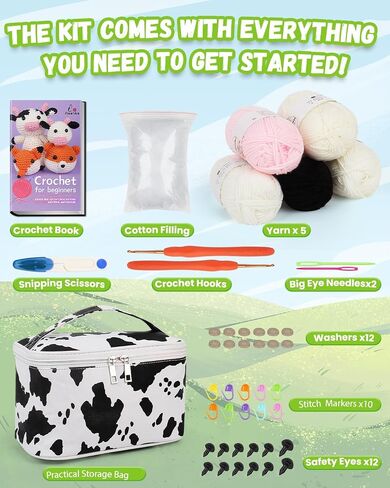 Aeelike 321Pcs Crochet Kit for Beginners, Learn to Crochet Set Include Crochet Hooks,Yarn, Safety Eyes and Noses Polyester Fiber,Crochet Tools and Instruction with Cow PU Leather Storage Bag in Kuwait