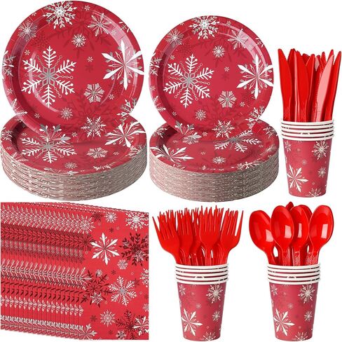 مجموعة أطباق ومناديل ورقية من ندفة الثلج لعيد الميلاد تخدم 50 قطعة، للاستعمال مرة واحدة، أطباق ندفة الثلج لعطلة الشتاء الحمراء وأكواب أدوات المائدة ومستلزمات الحفلات لعيد الميلاد وعطلة الشتاء ورأس السنة الجديدة وزينة حفلات أعياد الميلاد in Kuwait